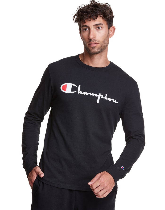 Champion Herre T-Shirts Sort - Long-Sleeve Lightweight Script Logo - Danmark YPK-468320